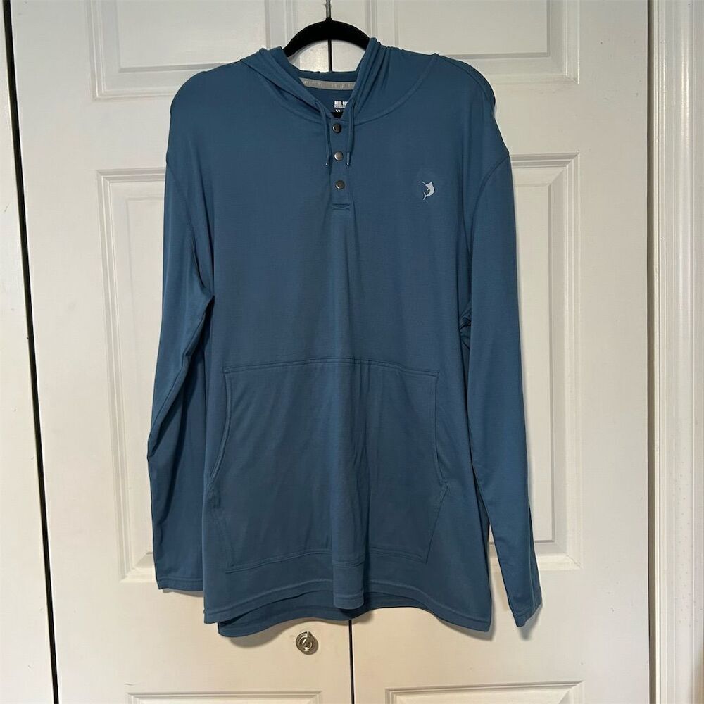 Reel Legends Men's XL Blue Hooded Long Sleeve Pullover with Kangaroo Pocket